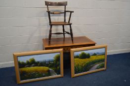 A YEW WOOD PEDESTAL DESK with nine assorted drawers together with two modern beech framed