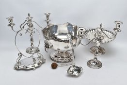 A BOX OF METALWARE, to include a white metal punch bowl with a floral decorative wavy rim, double
