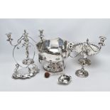 A BOX OF METALWARE, to include a white metal punch bowl with a floral decorative wavy rim, double