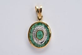 A 9CT GOLD EMERALD AND DIAMOND PENDANT, of an oval form set with a central oval cut emerald within a