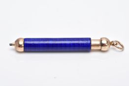 A MINIATURE YELLOW METAL AND BLUE GUILLOCHE ENAMEL RETRACTABLE PENCIL, decorated with a vivid blue