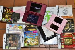 A BOXED PINK NINTENDO DS LITE (SUN BLEACHED TO OUTER COVER) WITH INSTRUCTIONS AND SPARE STYLUS, a