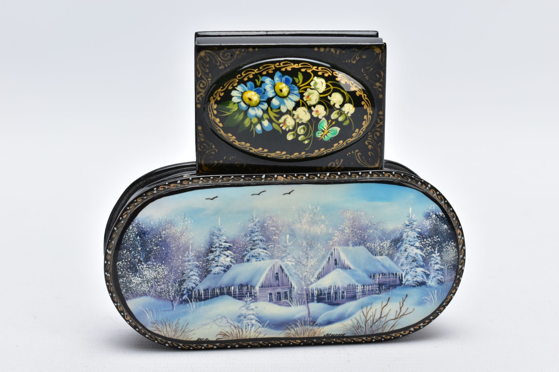 TWO DECORATIVE WOODEN TRINKET BOXES, the first of an elongated oval form, decorated with a painted - Image 2 of 5