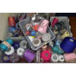 SIX PLASTIC BOXES OF CONES OF ASSORTED KNITTING MACHINE WOOL/ACRYLIC, wool/nylon and various