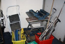 A BLACK AND DECKER WORKMATE, two trays and a metal toolbox containing tools including a Moore and