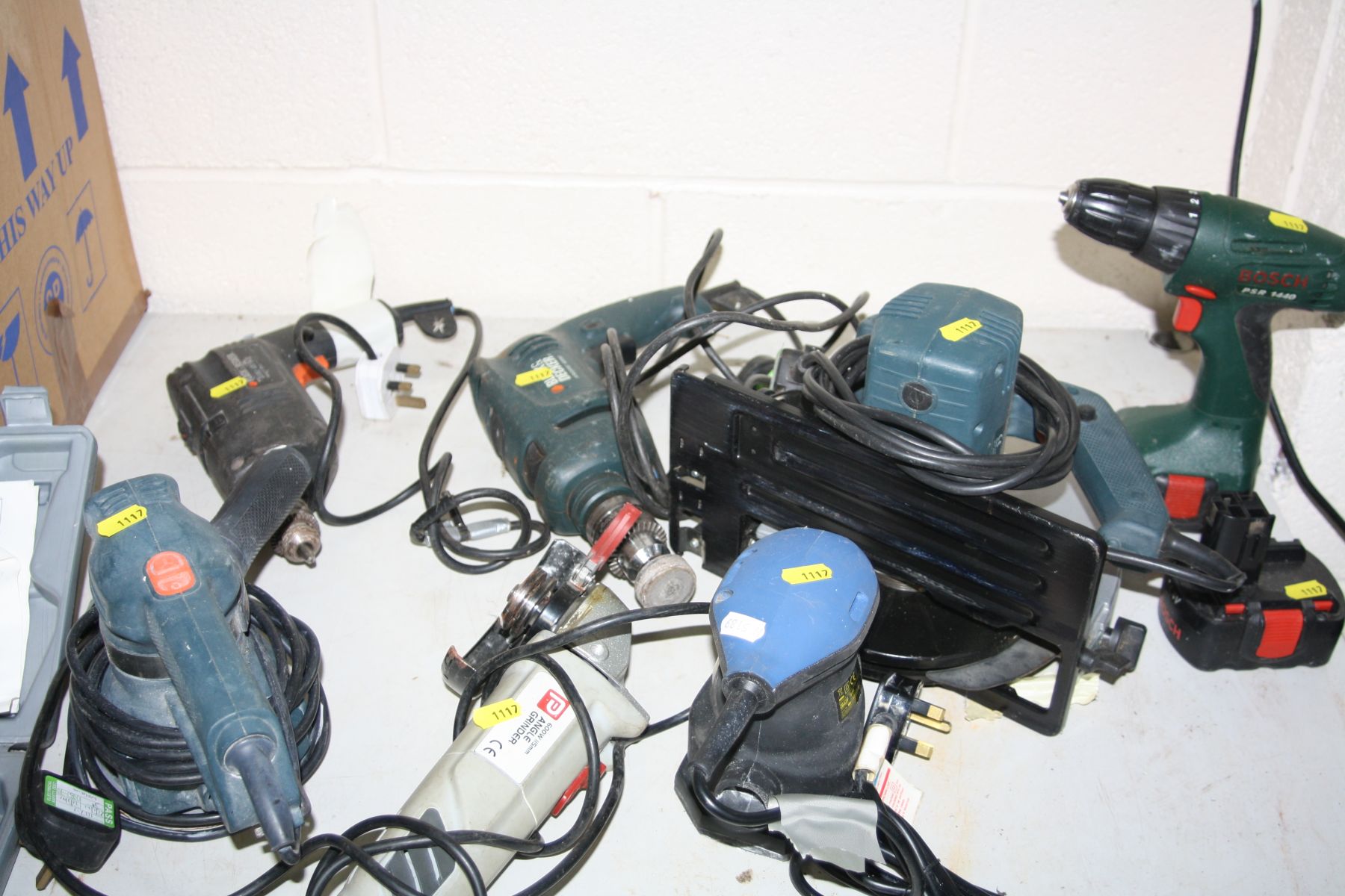 A BOX CONTAINING A QUANTITY OF POWER TOOLS including a Bosch 14.4v cordless drill with two batteries - Image 2 of 3