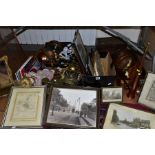 THREE BOXES AND LOOSE METALWARES, BOOKS, PICTURES AND SUNDRIES, including 20th Century copper