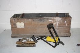 A LONG VINTAGE WOODEN TOOL BOX including a Stanley No 46 Plough plane , foot pump, shoe last etc