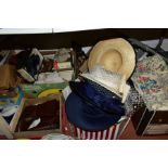 A HAT BOX OF ASSORTED LADIES HATS AND FOUR BOXES OF BOXED LADIES SHOES, BOOTS AND CURTAINS,