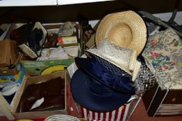 A HAT BOX OF ASSORTED LADIES HATS AND FOUR BOXES OF BOXED LADIES SHOES, BOOTS AND CURTAINS,