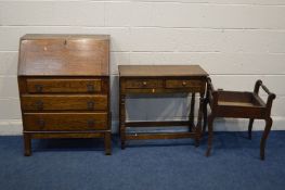 AN OAK BUREAU, with three drawers, width 74cm x 42cm x height 100cm, and an oak side table with