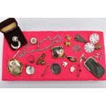 A BOX OF MISCELLANEOUS ITEMS, to include a silver Albert chain fitted with a T-bar stamped '