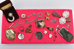 A BOX OF MISCELLANEOUS ITEMS, to include a silver Albert chain fitted with a T-bar stamped '