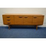 AN AVALON TEAK SIDEBOARD, flanked by three drawers, the top drawer with cutlery dividers, width