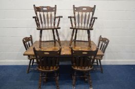 AN OAK PARQUETRY TOPPED REFECTORY TABLE, length 152cm x depth 92cm x height 73cm and a set of six