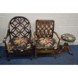 TWO BEECH LATTICE BACK OPEN ARMCHAIRS, along with a late Victorian swivel top piano stool (3)