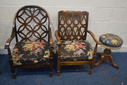 TWO BEECH LATTICE BACK OPEN ARMCHAIRS, along with a late Victorian swivel top piano stool (3)