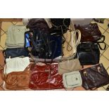 A BOX OF LADIES HAND, SHOULDER AND CLUTCH BAGS, majority are leather, assorted colours and sizes,