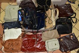 A BOX OF LADIES HAND, SHOULDER AND CLUTCH BAGS, majority are leather, assorted colours and sizes,