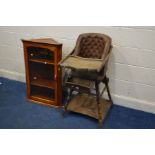 A METAMORPHIC HIGH CHAIR together with an oak hanging corner cupboard with a single glazed door (2)
