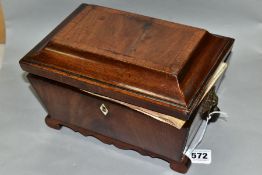 A MAHOGANY SARCOPHAGUS SHAPED TEA CADDY, missing interior and crack to top, width 23cm x depth 15.