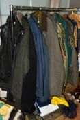 A QUANTITY OF GENTLEMAN'S SHOOTING JACKETS, WAISTCOATS, GILETS, JACKETS, FLAT CAPS, etc, the coats