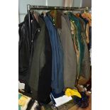 A QUANTITY OF GENTLEMAN'S SHOOTING JACKETS, WAISTCOATS, GILETS, JACKETS, FLAT CAPS, etc, the coats