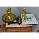 A SET OF BERRY AND WARMINGTON BALANCE SCALES, mantel on a marble topped wooden plinth, retail scales