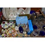 THREE BOXES AND LOOSE CERAMICS, GLASS AND ORNAMENTS ETC, to include Villeroy & Boch 'Cortina' tea/