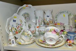 A GROUP OF ORNAMENTS, TEAWARES & GLASSWARES, to include Aynsley 'Cottage Garden' and 'Wild Tudor'