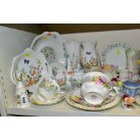 A GROUP OF ORNAMENTS, TEAWARES & GLASSWARES, to include Aynsley 'Cottage Garden' and 'Wild Tudor'