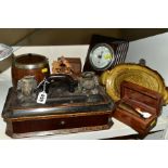 A VICTORIAN INLAID INKSTAND, with two glass wells (sd), a central carry handle and pull-out