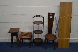 AN OAK SPINNING CHAIR with a carved three leaf clover, together with a mahogany folding cake