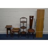 AN OAK SPINNING CHAIR with a carved three leaf clover, together with a mahogany folding cake