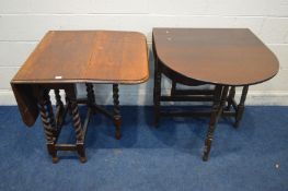 AN EARLY 20TH CENTURY OAK BARLEY TWIST GATE LEG, and another gate leg table (2)