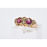 A 9CT GOLD GARNET AND SPLIT PEARL RING, designed with two circular cut garnets, interspaced with