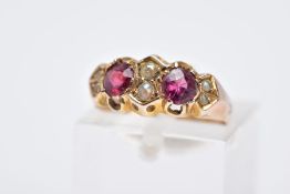 A 9CT GOLD GARNET AND SPLIT PEARL RING, designed with two circular cut garnets, interspaced with