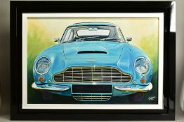 ROZ WILSON (BRITISH 1960) 'ASTON MARTIN' a turquoise classic car, signed bottom, signed Best