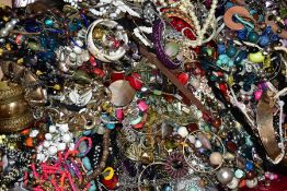 A LARGE BOX OF COSTUME JEWELLERY, to include bangles, bracelets, beaded necklaces, rings,