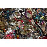 A LARGE BOX OF COSTUME JEWELLERY, to include bangles, bracelets, beaded necklaces, rings,