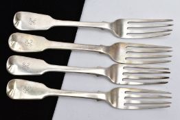 FOUR SILVER GEORGE IV FIDDLE FORKS, each with an engraved initial 'K' to the handles, hallmarked