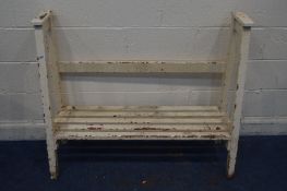 A VINATGE PAINTED SLATTED BENCH, width 118cm x depth 40cm x height 97cm