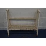 A VINATGE PAINTED SLATTED BENCH, width 118cm x depth 40cm x height 97cm