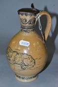 A DOULTON LAMBETH STONEWARE EWER, probably Hannah Barlow, with silver mounts, makers mark Richards &