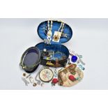 A BLACK VANITY CASE WITH CONTENTS, to include a silver oval photo frame hallmarked silver Sheffield,