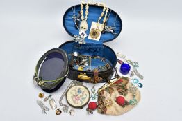 A BLACK VANITY CASE WITH CONTENTS, to include a silver oval photo frame hallmarked silver Sheffield,