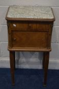 A FRENCH KINGWOOD MARBLE TOPPED POT CUPBOARD, with a single drawer enclosing a marble interior,