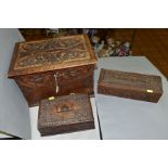 AN EARLY 20TH CENTURY CARVED OAK BOX AND TWO LATE 19TH/EARLY 20TH CENTURY INDIAN BOXES, the oak