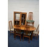 A MODERN DINING TABLE, five various chairs, hi fi cabinet and a cd cabinet (8)