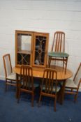 A MODERN DINING TABLE, five various chairs, hi fi cabinet and a cd cabinet (8)